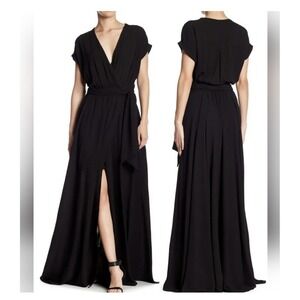 Meghan LOS ANGELES Black Faux Wrap Belted Plunge V-Neck Slit Maxi Dress Medium
